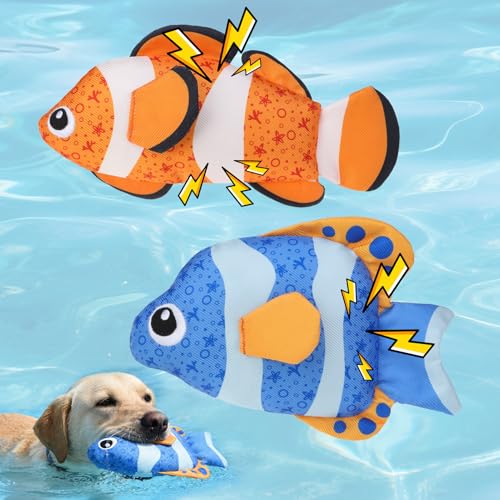 Image of Mihachi Floating Dog Water Pool Toys 2 Pack for Swimming Pool, Interactive Crinkle Pet Puppy Chew Toys for Play and Training, Funny Fish Toy for Small Medium Large Breed, Blue & Orange Fish
