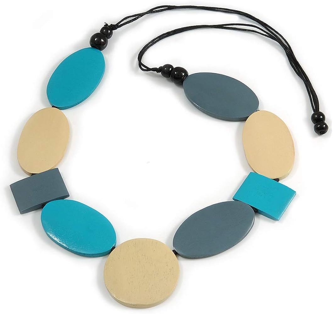 Collana Lunga Avalaya In Legno: Perline Geometriche Blu E Grigie, 110 Cm - 3
