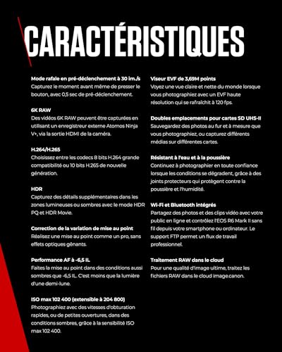 Canon EOS R6 Mark II Appareil Photo Hybride sans Objectif 24,2 mégapixels, 40 img/s, vidéo 4K 60p, Dual Pixel CMOS Auto Focus II, Noir