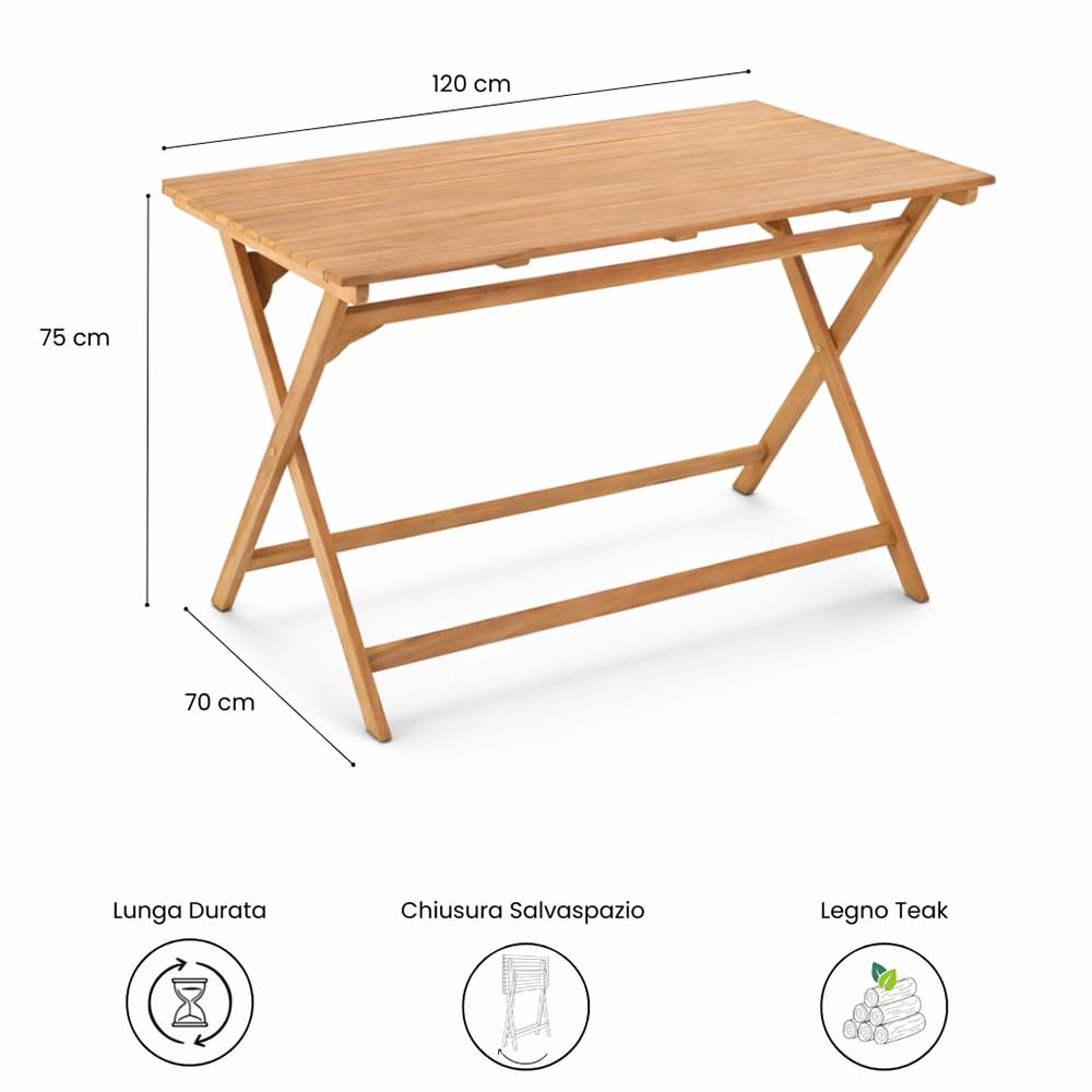Tavolo Pieghevole da Giardino in Legno Teak BANCHETTO | Tavolo Salvaspazio Richiudibile per Esterno e Interno | Tavolo da Pranzo Outdoor | 120 x 70 x 75 cm