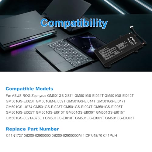 Image of C41N1727 Laptop Battery Replacement for Asus Zephyrus M GM501 GM501G GM501GM GM501GS ROG GU501 GU501G GU501GM GM501G-SEI006T GM501GS-EI015T GU501GM-BI7N8 GM501GM-EI005T GM501GS-EI003T 15.4V 55Wh