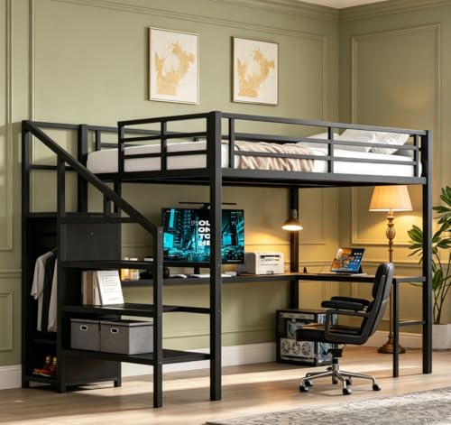 Image of Bellemave Full Size Loft Bed with Desk and Wardrobe Storage Stairs and Wardrobe, LED USB, Loft Bed Full Size for Teens Metal, Black