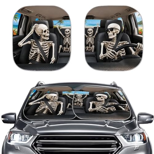 Image of Funny Skeleton Windshield Sun Shade Foldable 2pcs Sunshade for Front Windshield Sun Visor for Heat and UV Protection Universal Car Interior Accessories Fit for Most Cars
