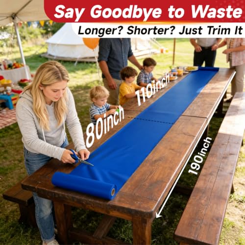 Image of Plastic Table Cloth, Tear Off 110 Ft X 54 In Plastic Table Cloth Disposable Premium Blue Tablecloth PEVA Plastic Table Cover Roll Tear Off 12 Pcs 54 inchx110 inch for Baby Shower, Themed Party, Gathering