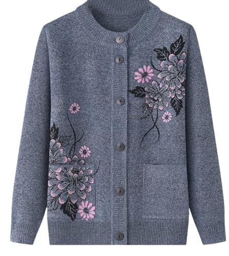 Cardigan Classique Imprimé Strass pour Dames Senior Cardigan Tricoté D'âge Moyen Et Âgé Vieille Dame Haut Occasionnel Grand Mère Porter Manteau Printemps Automne Mère Porter Pull Chaud,Gris,M