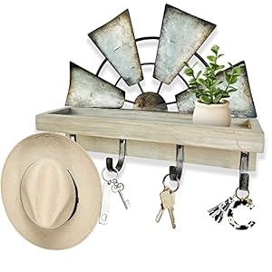 RootyHeart Windmill Key Holder Wall Mount Decorative Wall Mounted Key and Mail Rack with Shelf Farmhouse Wall Decor 4 Rustic Hooks for Coats Keys Gray Western Key Holder for Wall