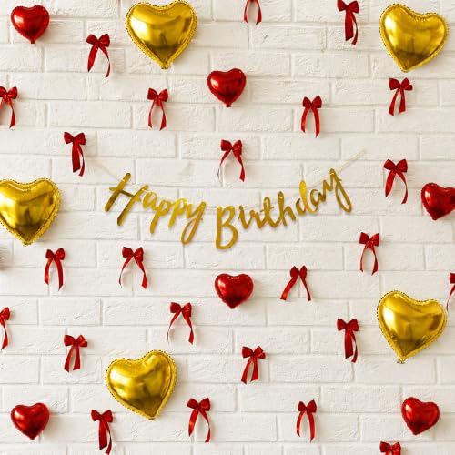 Image of SpecialYou Ribbon Bows For Decoration Gold Heart Birthday Decoration Kit | Satin Red & Gold Heart Foil Balloons, Happy Birthday Banner, Romantic Party Decor for Birthday Celebration