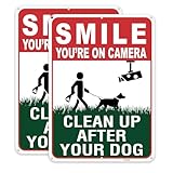 2-Pack 10"x7" Clean UP After Your Dog Signs, Smile Your on Camera Signs, No Pooping Dog Signs for Yard, Pick Up After Your Dog Sign, Rust Free Reflective Sheeting Aluminum Sign（no stakes）