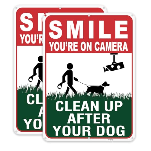 2-Pack 10"x7" Clean UP After Your Dog Signs, Smile Your on Camera Signs, No Pooping Dog Signs for Yard, Pick Up After Your Dog Sign, Rust Free Reflective Sheeting Aluminum Sign（no stakes）