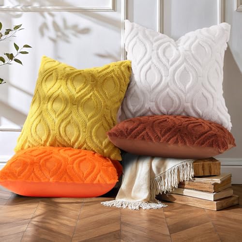 decorUhome Throw Pillow Covers 12x20 Inch Set of 2, Soft Plush Decorative Faux Fur Mustard Yellow Solid Couch Pillow Covers, Accent Farmhouse Neutral Lumbar Euro Pillow Cases for Sofa Bed Living Room