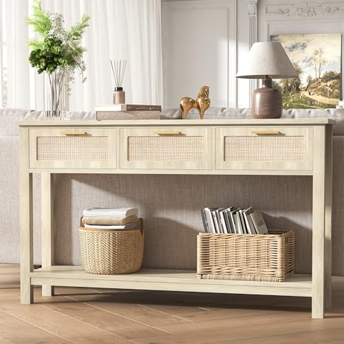 ELYKEN Rattan 51.2" Console Table with 3 Drawer, Entryway Table with Drawer & Shelf, Boho Sofa Table Behind Couch Foyer for Living Room, Hallway, Natural Wood