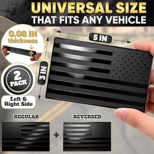 Image of 3D Embossed Aluminum Black American Flag Decal for Car - 1 Pair 5 inchx3 inch | Brushed Metal Stripes, Matte Black | UV-Proof, Rust-Free US Flag Stickers | Patriotic Decals for Truck, SUV, Motorcycle, Laptop