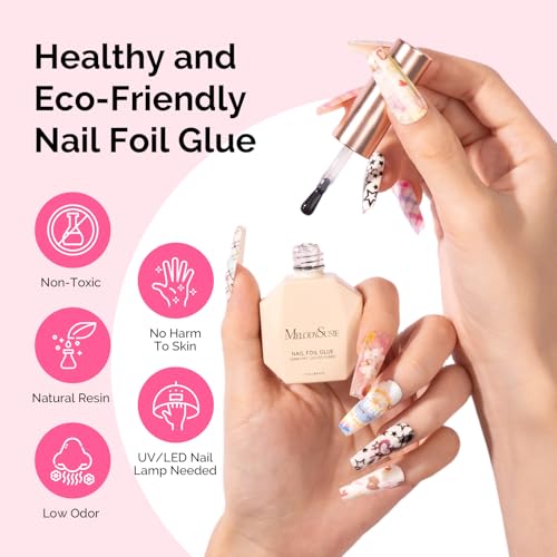 Image of MelodySusie 2PCS Nail Foil Glue Gel and 2PCS Stamping Plates, 15ML Soak Off LED /LUV Foil Transfer Adhesive for Nail Art, Professional Strong Sticky Base for Nail Foils & Stickers