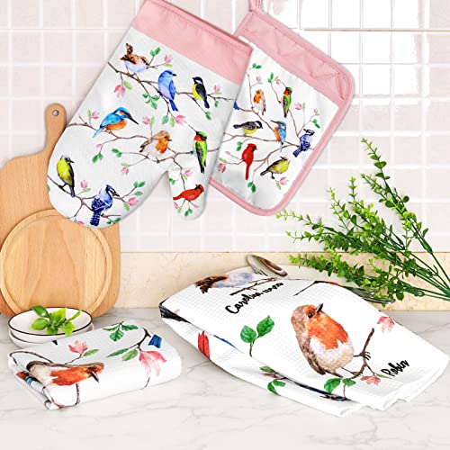 Vansolinne Birds Kitchen Dish Towels Pot Holder Oven Mitt With Loop Kit Spring Gifts For Bird Lovers Teacher Women Mom Birdies On Wire Cardinal Hummingbird For Bbq Grilling Microwave Cooking Baking thumb #1