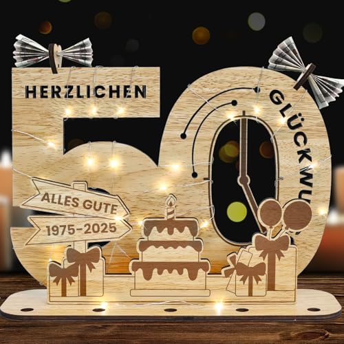Belillpipi 2025 Originelle 50 Geburtstag Deko Geburtstag Holz mit LED, Frauen & Männer Geldgeschenke Geburtstag Pixel Retro Holz-Schild Gästebuch für Geschenke, Partys, Geburtstage, Jubiläum