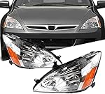 Headlight Assembly Compatible with 2003-2007 Honda Accord OE Replacement HO2502120 HO2503120 Chrome Housing Clear Lens Left Driver Right Passenger Side Headlamps with Amber Reflector