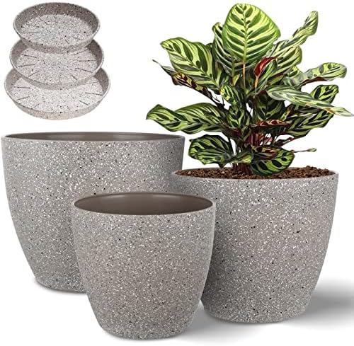 Vanavazon Plant Pots 9/8/7 Inch Set of 3 Flower Pots Indoor Outdoor Plastic Planters with Drainage Hole and Tray (Speckled Beige)