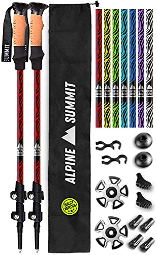 Alpine Summit Trekking Poles - 2-pc Pack Adjustable Hiking or Walking Sticks - Strong, Lightweight Aluminum 7075 - Quick Adjust Flip-Lock - Cork Grip, Padded Strap