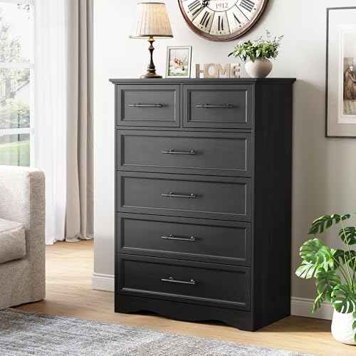 Image of Bedroom Set, 3 Pieces Bedroom Furniture Set, 6 Drawer Dresser and 3 Drawers Nightstand with Charging Station, Farmhouse Storage Organizer Cabinet for Bedroom, Black