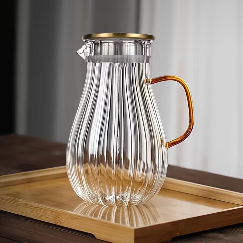 Image of Glass Water Jug - 1800ml, Transparent Water Serving Jug, Hot Cold Water Pitcher with Lid Water Jug, Iced Tea, Milk and Juice Beverage Carafe, Lemon Jug (Ribbed Jug)