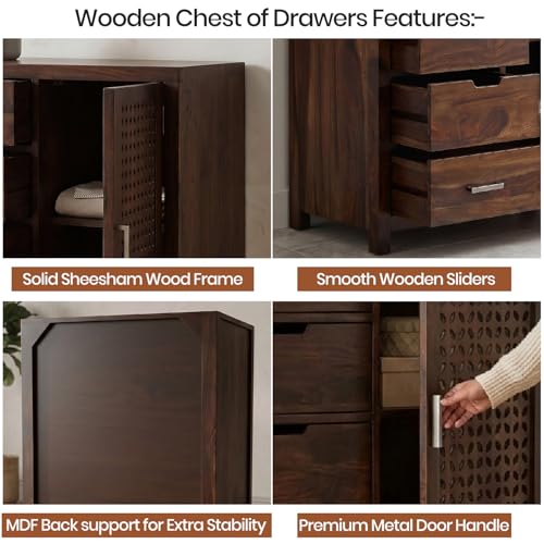 Image of Amazon Brand - Solimo Solid Sheesham Wood Truva Sideboard Cabinet with 5 Drawers & 1-Door Storage | Storage Cabinet for Living Room, Kitchen & Bedroom Organizer Chest of Drawers (Walnut Finish)