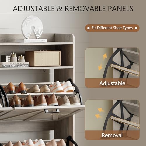 Image of Shoe Cabinet with 4 Flip Drawers, Freestanding Hidden Shoe Storage Organizer for Entryway, Narrow Slim Shoe Rack Cabinet with Open Storage & Hooks for Front Door Entrance, Living Room, Hallway, Grey