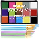 BOBISUKA Face Body Paint Palette + 10PCS Brushes Set, 15 Color Professional Face Painting Pallet Kit for Art Theater Halloween Party Cosplay Clown Sfx Makeup for Women Adults, Non-Toxic Washable