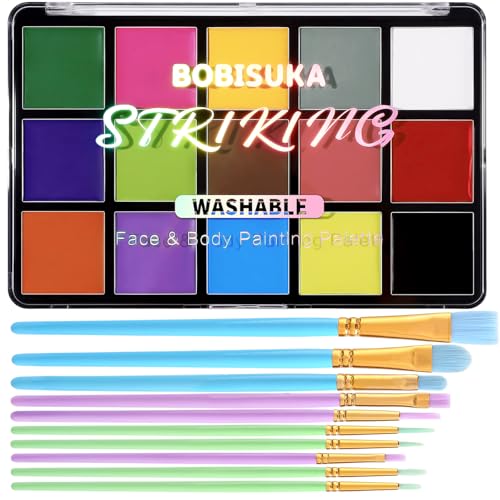BOBISUKA Face Body Paint Palette + 10PCS Brushes Set 15 Color Professional Face Painting Pallet Kit for Art Theater Halloween Party Cosplay Clown Sfx Makeup for Women Adults Non-Toxic Washable