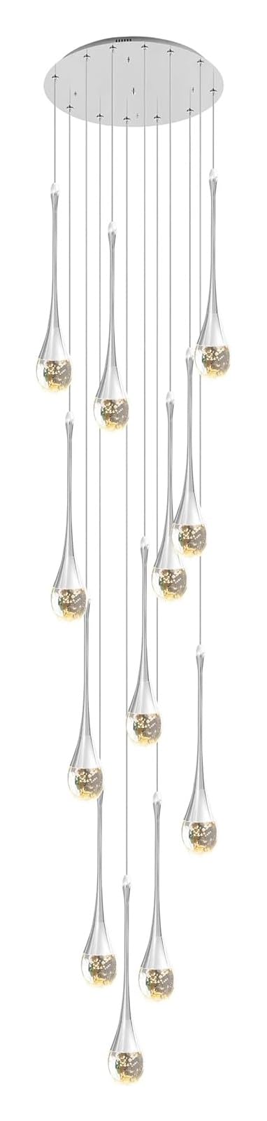 HYJAUSXB Modern Crystal Chandelier LED Spiral Pendant Light for High Ceiling Entryway Dimmable 12 Dome Lighting Fixture in Silver Color (Raindrop Design)