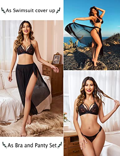 Image of FIMBUL Lingerie for Women Lace Bra and Panty Set 3 Piece Lingerie Sexy Set with Mesh Skirt Honeymoon /First Night /Anniversary Bridal Nightdress