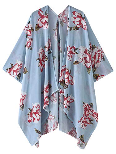 Blusa feminina casual de chiffon com estampa floral e cardigã tipo quimono, Light Blue, Large