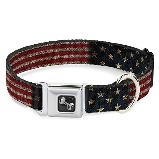 Buckle-Down Dog Collar Seatbelt Buckle Vintage US Flag Stretch 18 to 32 Inches 1.5 Inch Wide, Multicolor (DC-W32210-WL)