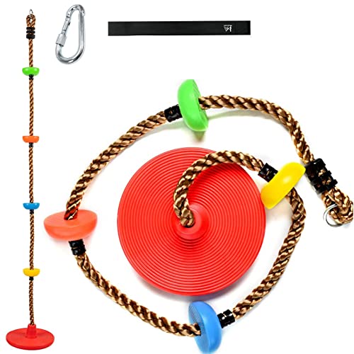 Nuewec Climbing Rope Swing with Platforms and Disc Swings Seat for Playground, Backyard Outdoor for Kids, with Hanging Straps & Carabiners (Red)