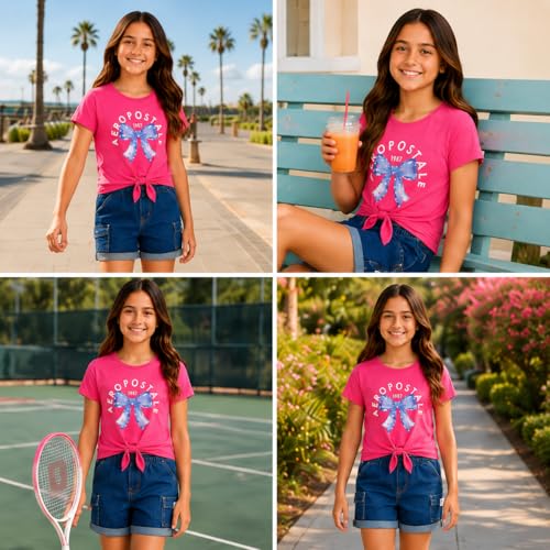 Image of AEROPOSTALE Girls Shorts Set - 2 Piece Soft Short Sleeve Graphic Tees and Twill or Denim Shorts Summer Outfits for Girls