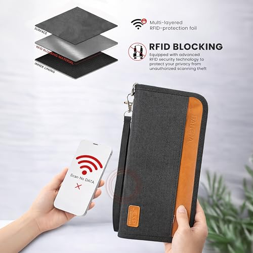 Image of DAHSHA Unisex Nylon RFID Travel Family Passport Holder Card Holder Wallet Travel Accessories Document Organizer, Passport Cover, with Removable Hand Strap (Black- 12.5 x 3 x 23 cm)