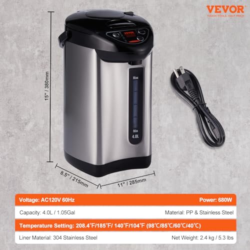 Image of VEVOR Hot Water Dispenser, Adjustable 4 Temperatures Water Boiler and Warmer, 304 Stainless Steel Countertop Water Heater, 3-Way Dispense for Tea, Coffee and Baby Formula, 4L /135 oz