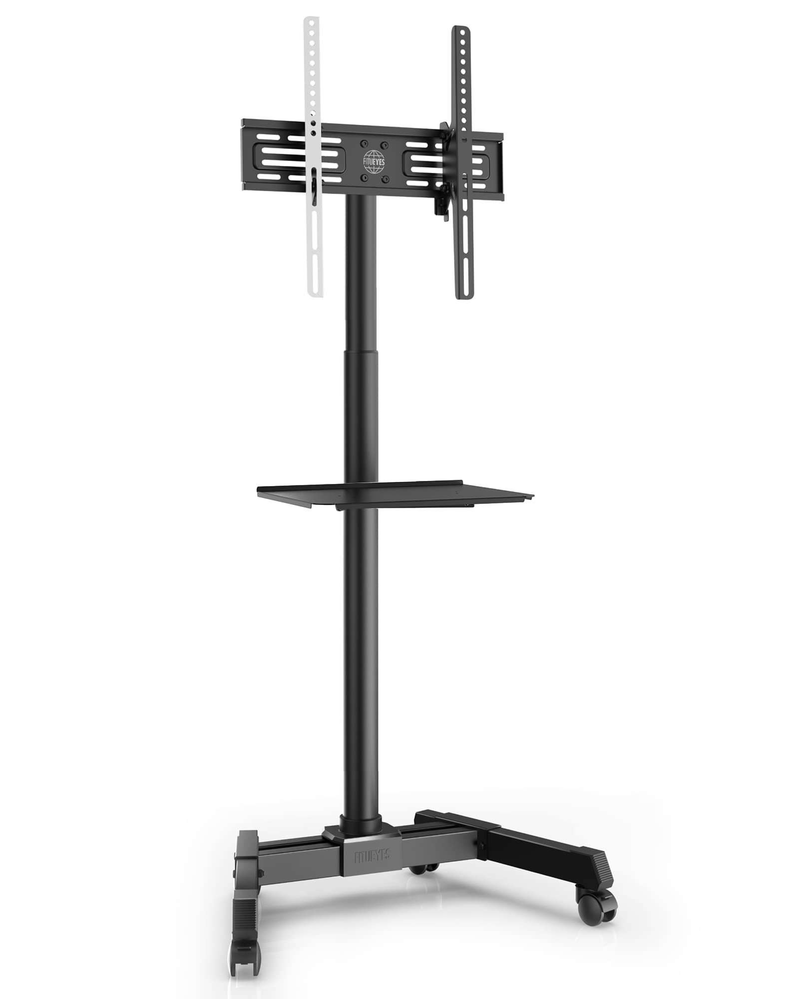 FITUEYES Mobile TV Stand on Wheels with Shelves for 32” to 60” Holds 35kgs Tiltable Height Adjustable Max. VESA 400x400mm TV Cart TC-R12MB