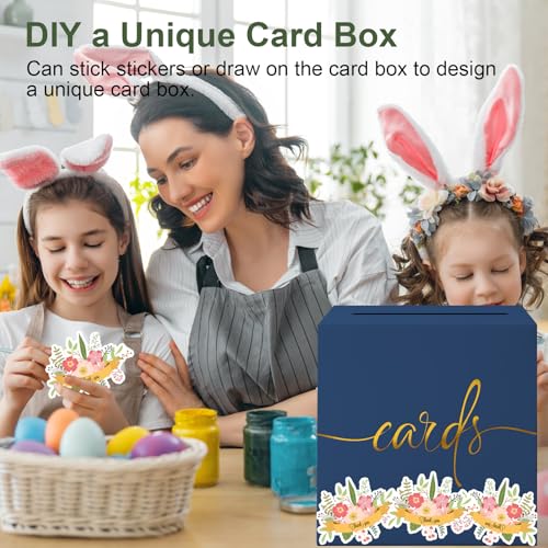 Image of 2 Pack Navy Blue Card Box with Gold Foil Design, Paperboard 8.7 inch Card Box for Birthday Wedding Party Graduation Retirement Anniversary Valentine's Day & Baby Showers, Raffle or Money Box