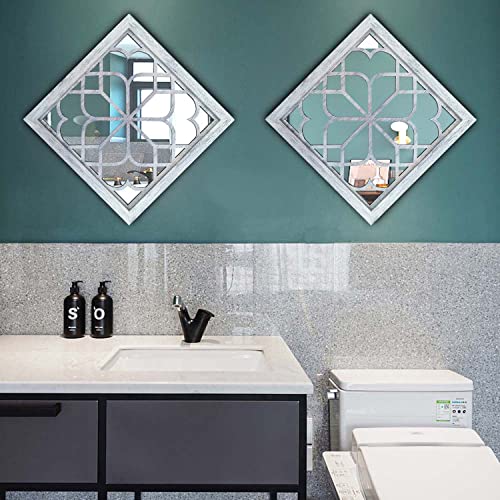 Wocred 2 Pcs Square  Wall Mirror,Gorgeous Rustic Farmhouse Accent Mirror,Rustic White Color Entry Mirror For Bathroom Renovation,Bedrooms,Living Rooms And More(12”X12”) #TOP3