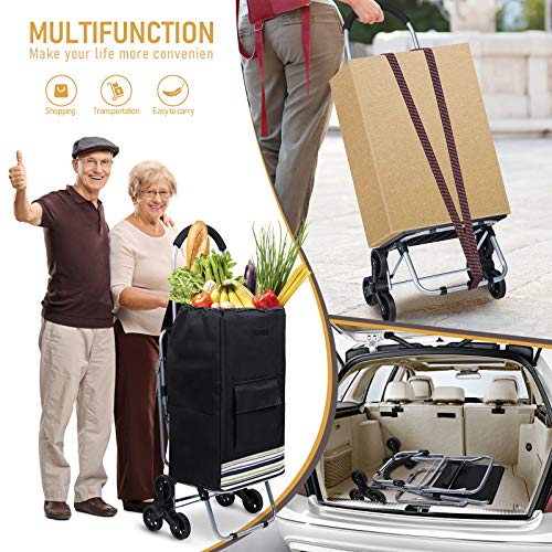 Klvied Folding Shopping Cart for Groceries, Heavy Duty Stair Climber Cart with Tri-Wheel, Metal Utility Trolley Dolly with Foldable Chair, Bigger Waterproof Shopping Bag, Adjustable Elastic Rope - Thumbnail 3