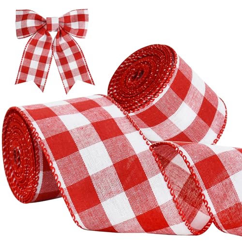 TONIFUL 2 rolos de fita com fio xadrez vermelho e branco de 2,5 polegadas, fita com arame para decoração de festas de Natal, fabrico de laços, acessórios para o cabelo e