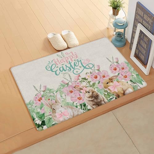 Easter Rabbits Kitchen Bath Door Mat Cushioned Runner Rug,Washable Welcome Floor Sink Antifatigue Mat,Waterproof & Non-Slip Comfort Standing Doormat,Vintage Watercolor Eggs Easter Flower Plant 24