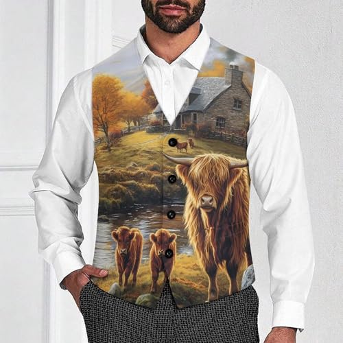 Highland Cow Farmhouse Men's Suit Vests Business Formal Dress Vest V-Neck Waistcoat for Wedding Casual2