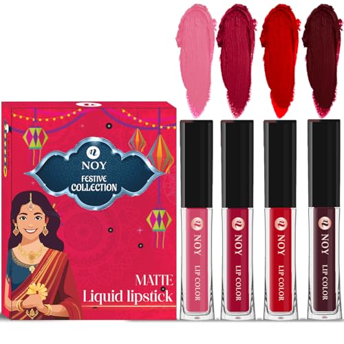 Image of Noy Festival Lipstick Set 4 Liquid Matte Colors Peach, Cherry Pink, Red, Coffee Wine Shades