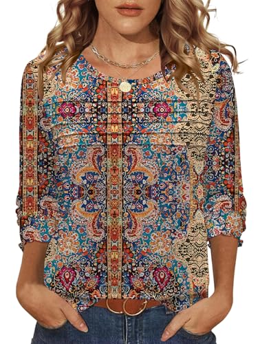 LOMON Long Sleeve Shirts Womens Fall Pleated Tunic Tops for Leggings Dressy Casual Blouses Crew Neck T Shirts(Bohemia Black,XL)