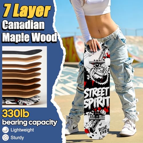 Image of Skateboards for Beginners Adults Youths Teens Kids Girls Boys 31 Inch Pro Complete Skate Boards 7 Layer Canadian Maple Double Kick Concave Longboards