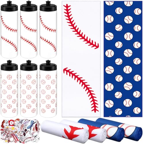 FuWeave 12 PCS 20 Oz Baseball Water Bottles & Cooling Towels Set with 50 Stickers for Sports Events & Gifts