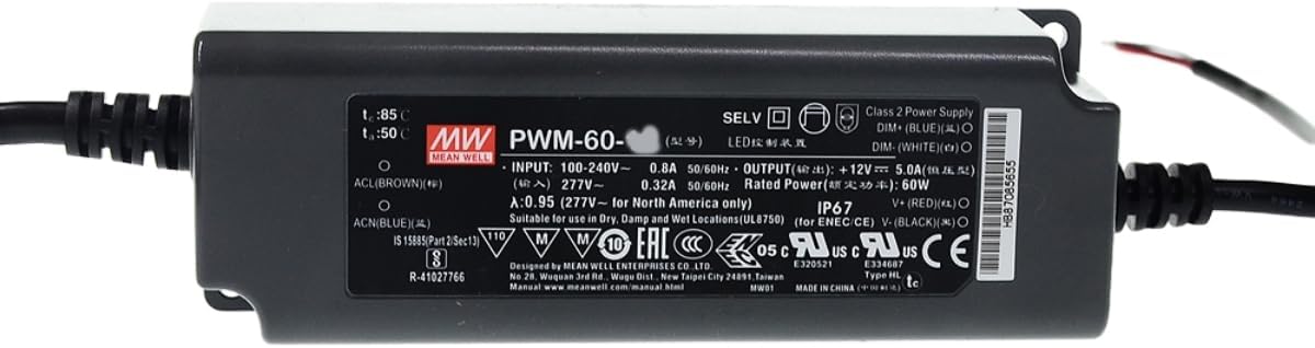 Mean Well PWM 60W 5A LED Driver PWM-60-12 AC-DC Constant Voltage PWM Output Switching Power Supply Converter Transformer with IP67 PFC 3 in 1 Dimming Plastic Case