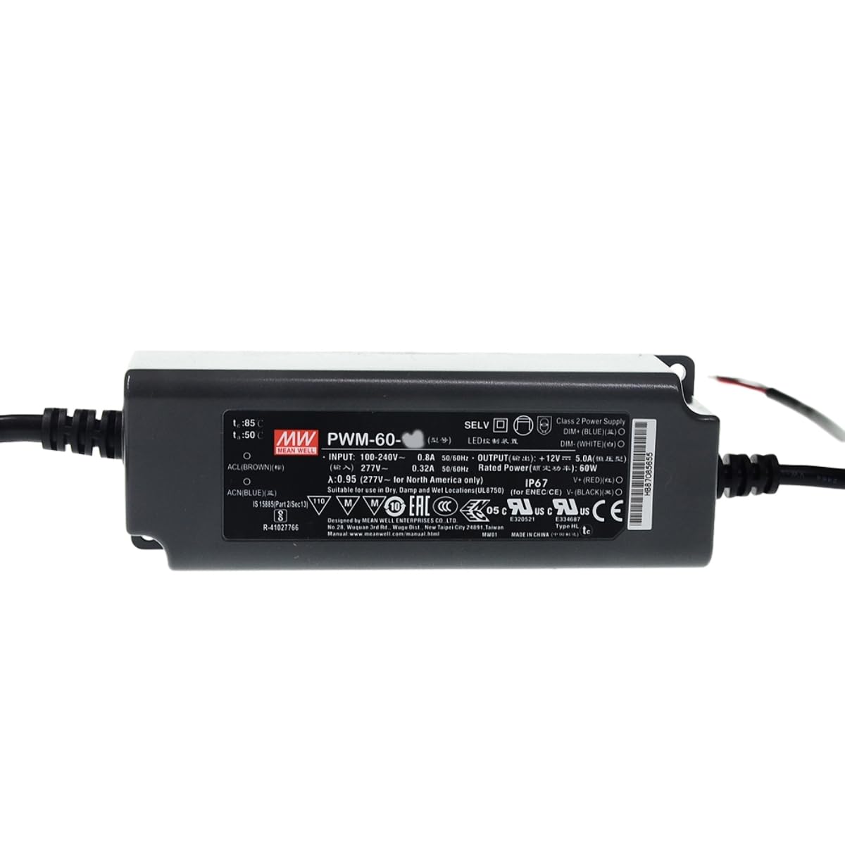 MEAN WELL PWM 60W 36V 1.67A LED Driver， PWM-60-36 AC-DC Constant Voltage PWM Output Switching Power Supply Converter Transformer with IP67, PFC, 3 in 1 Dimming, Plastic Case