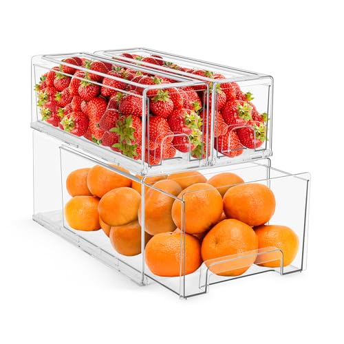 Sorbus Fridge Drawers - Clear Stackable Pull Out Refrigerator Organizer Bins - Food Storage Containers for Kitchen, Freezer, Vanity & Fridge (3 Pack | 1 Large, 2 Small Stackable Drawer Bins)